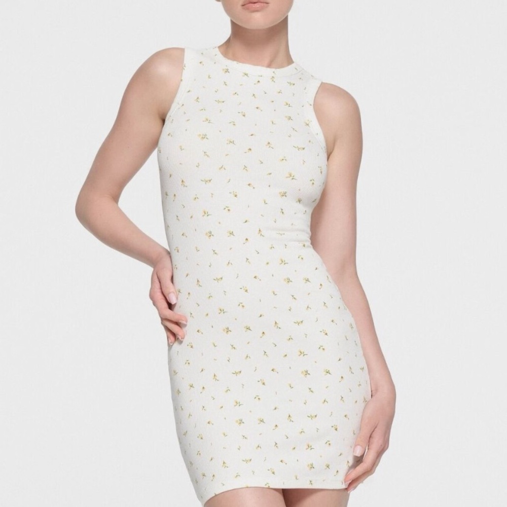 NWOT White SKIMS Marigold/Rosebud Print Cotton Rib Tank Dress Size XS